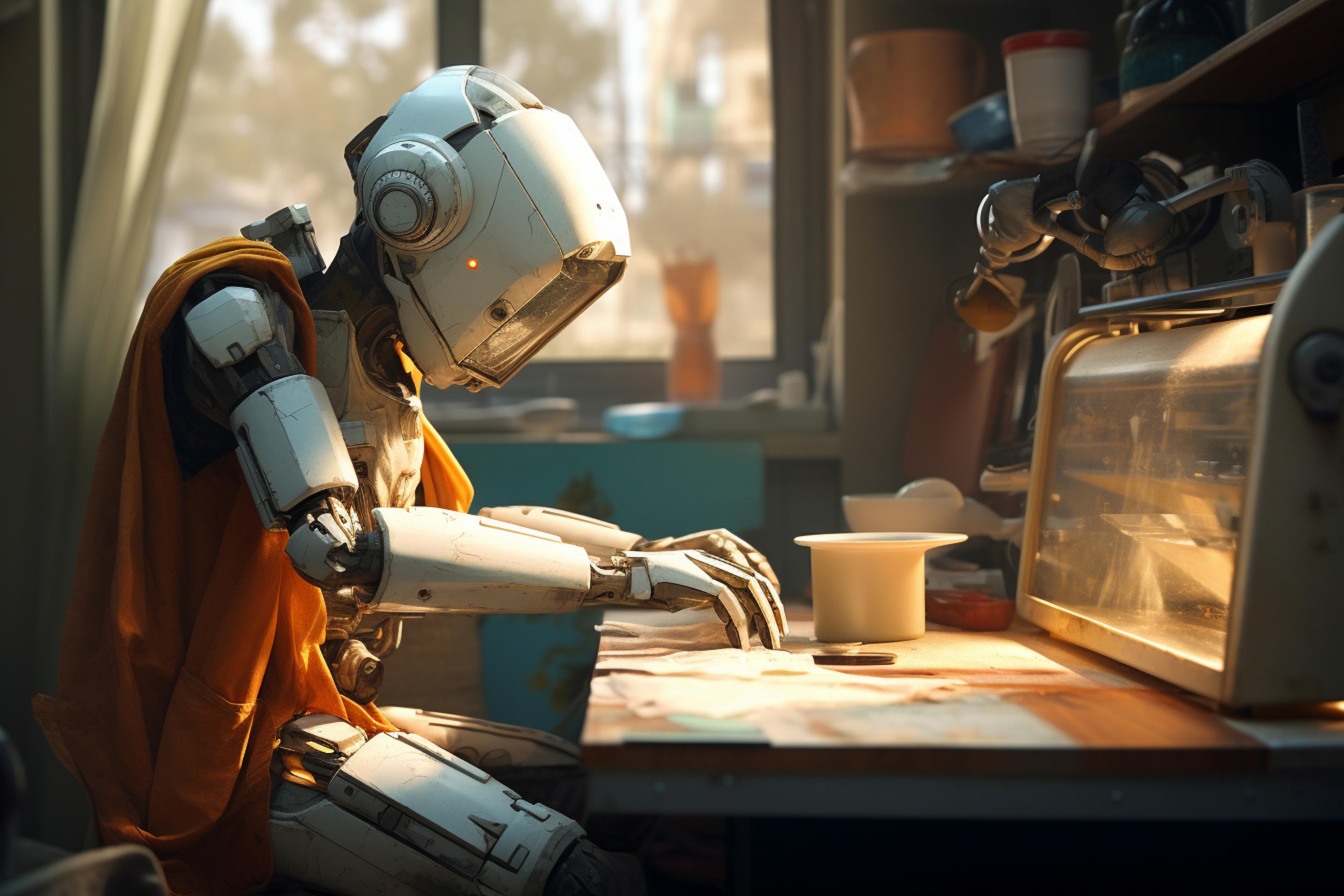 Futuristic anthropomorphic robot performing tasks, representing advanced technology and automation solutions